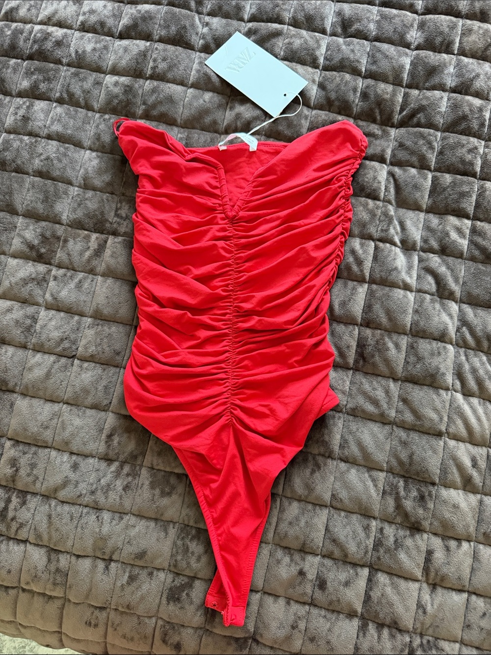 Zara Red Ruched Strapless Bodysuit